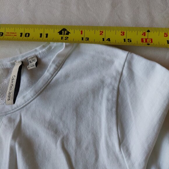 Calvin Klein White Long Sleeve Top Lace V-neck Insert & Sheer Layered Hem Sz XL - Picture 5 of 10